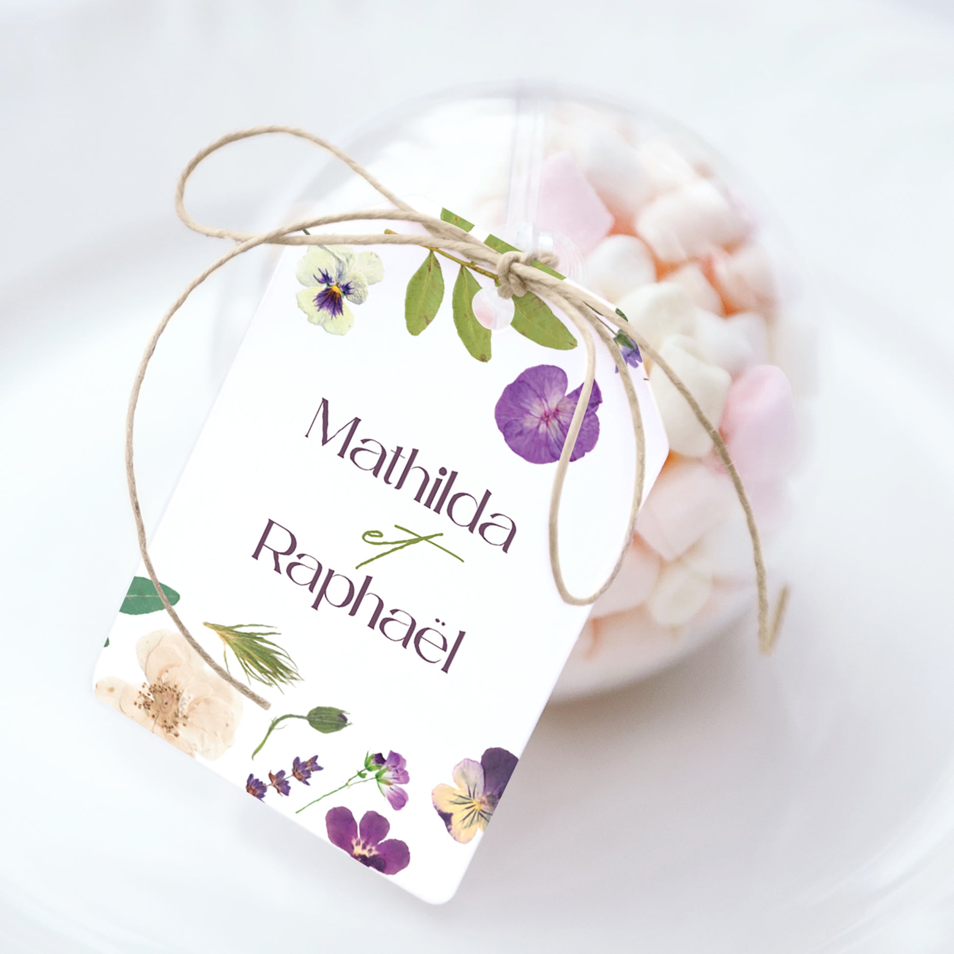Boîte à dragées Mariage boule avec étiquette fanion Ronde Florale photo N° 1