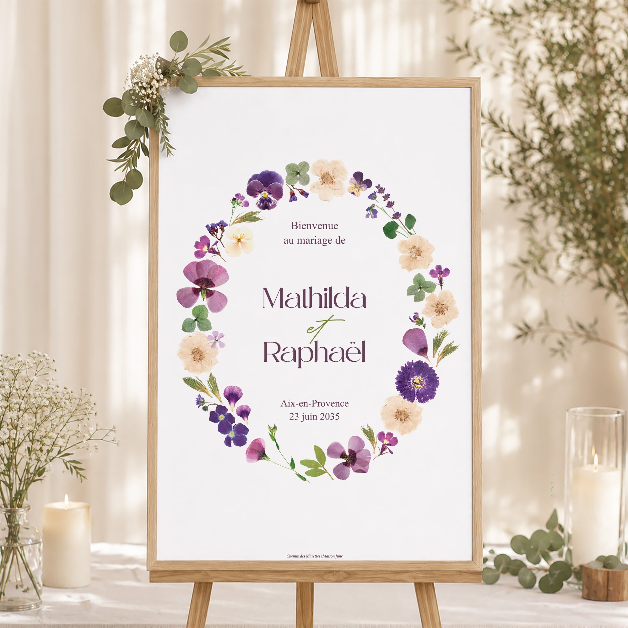 Panneau bienvenue Mariage Portrait 60 x 90 cm Ronde Florale photo N° 1