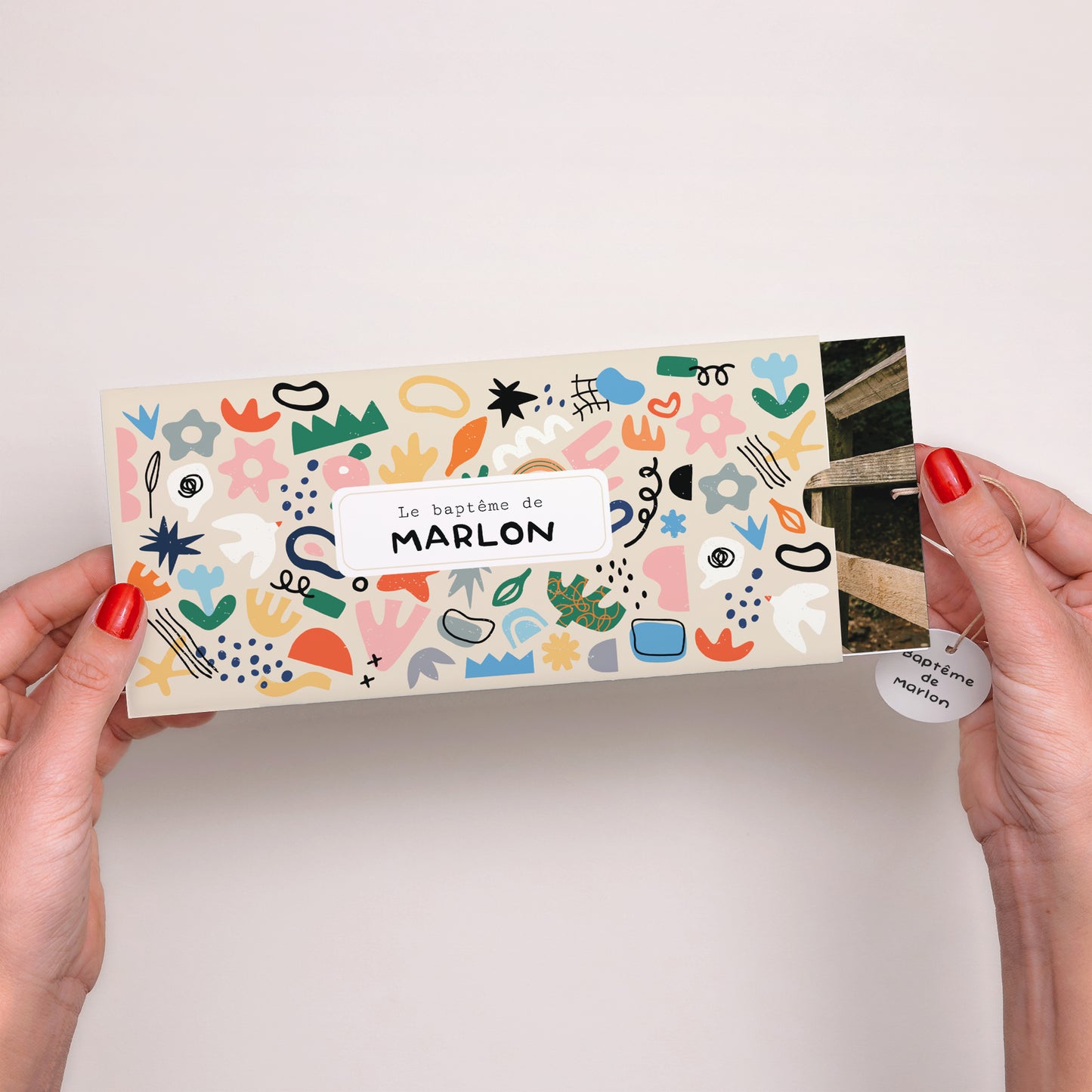 Faire-part Baptême Pochette 2 cartes, étiquette Matisse tout en couleur photo N° 2