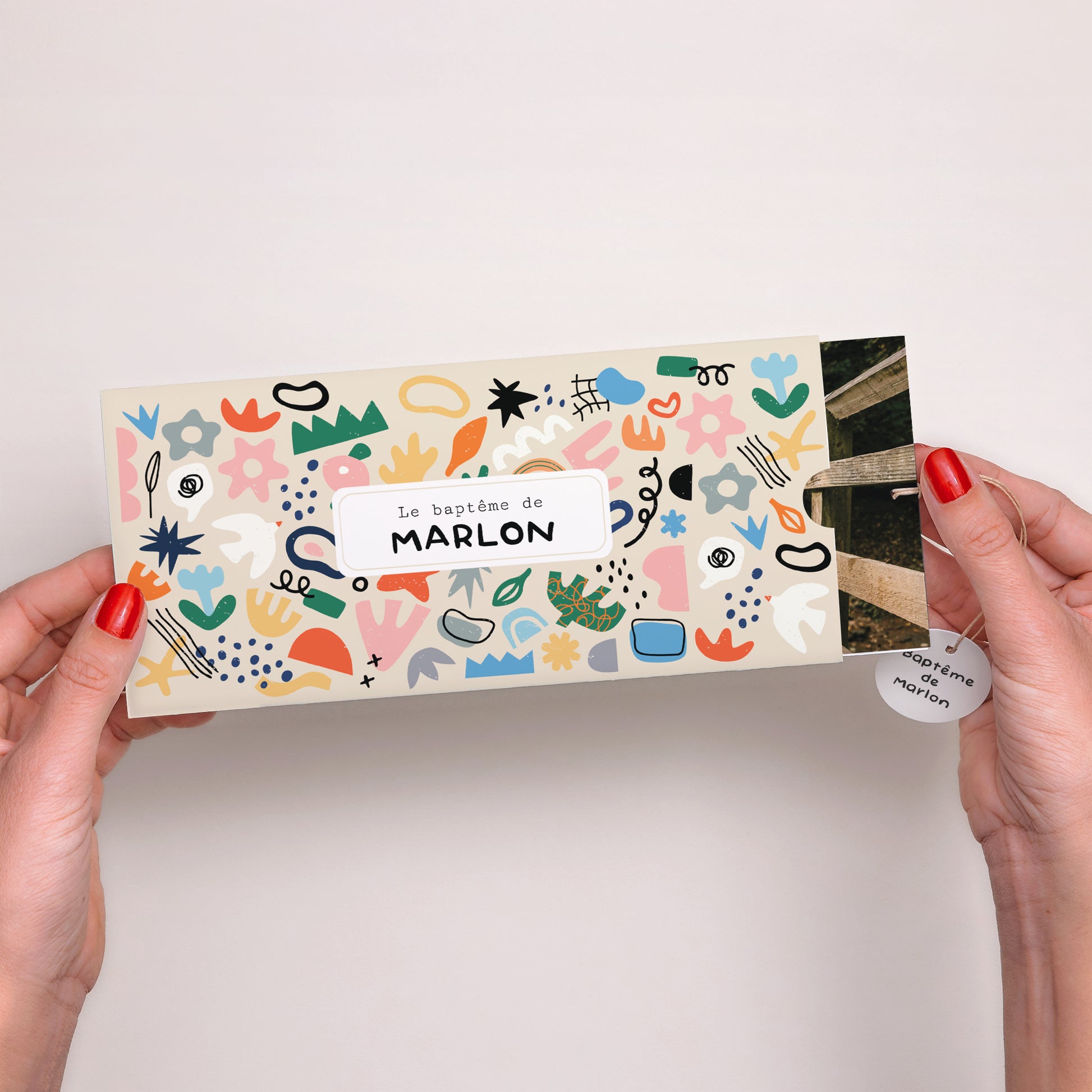 Faire-part Baptême Pochette 2 cartes, étiquette Matisse tout en couleur photo N° 2