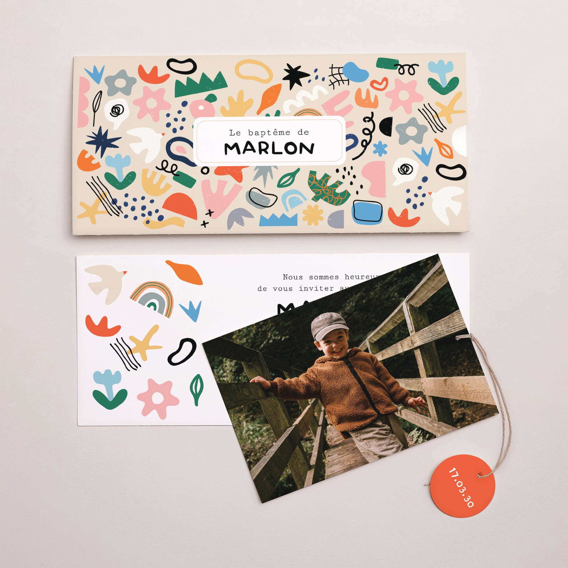 Faire-part Baptême Pochette 2 cartes, étiquette Matisse tout en couleur photo N° 3