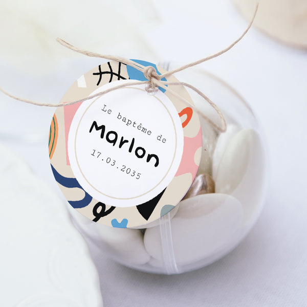 Boîte à dragées Baptême boule avec étiquette ronde Matisse tout en couleur photo