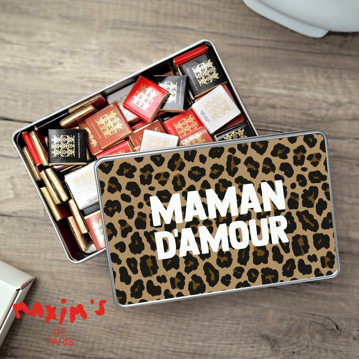 Boite métallique rectangle, garnie de chocolats Maman d'Amour Léopard photo N° 1