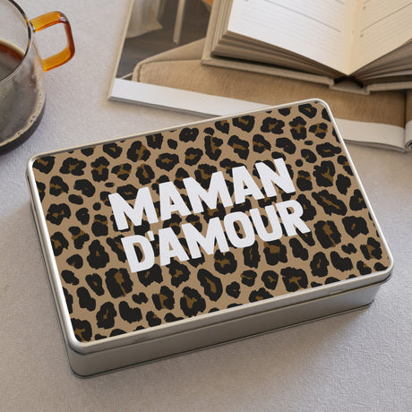 Boite métallique rectangle, garnie de chocolats Maman d'Amour Léopard