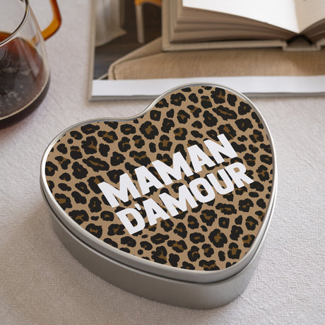 Boite métallique coeur, garnie de chocolats Maman d'Amour Léopard