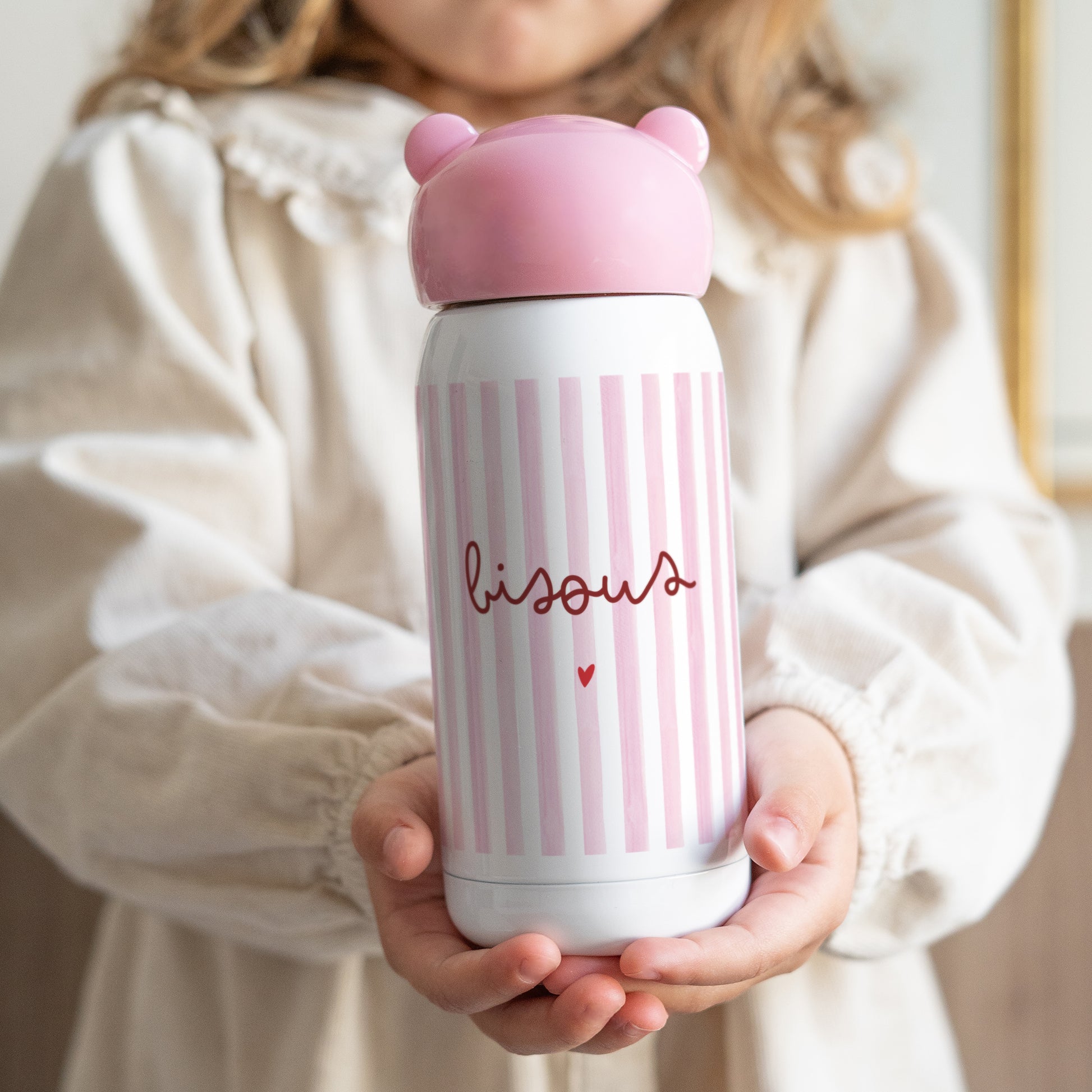 Gourde enfant Rose, 32 cl Bisous rayures photo N° 1