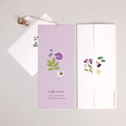 Faire-part Naissance Pochette portrait 2 cartes, étiquette Balade au Jardin photo N° 4