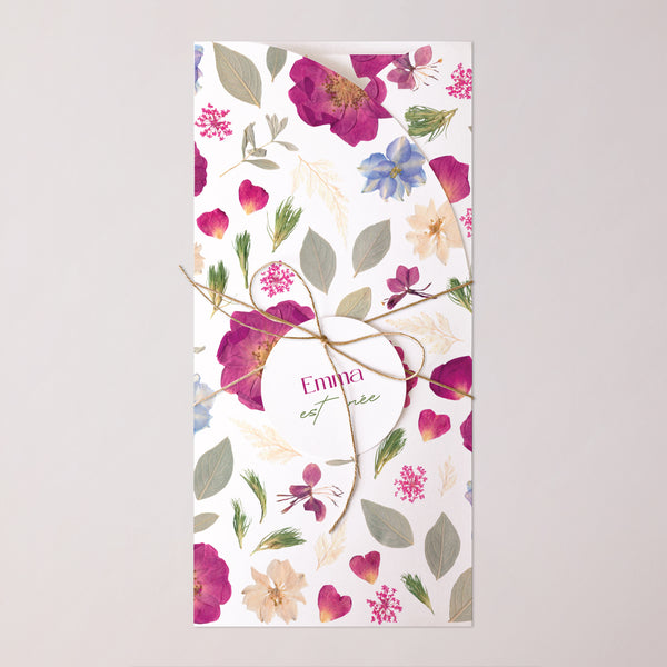 Faire-part Naissance Pochette, 2 cartes, étiquette ronde Le Bal des Fleurs photo