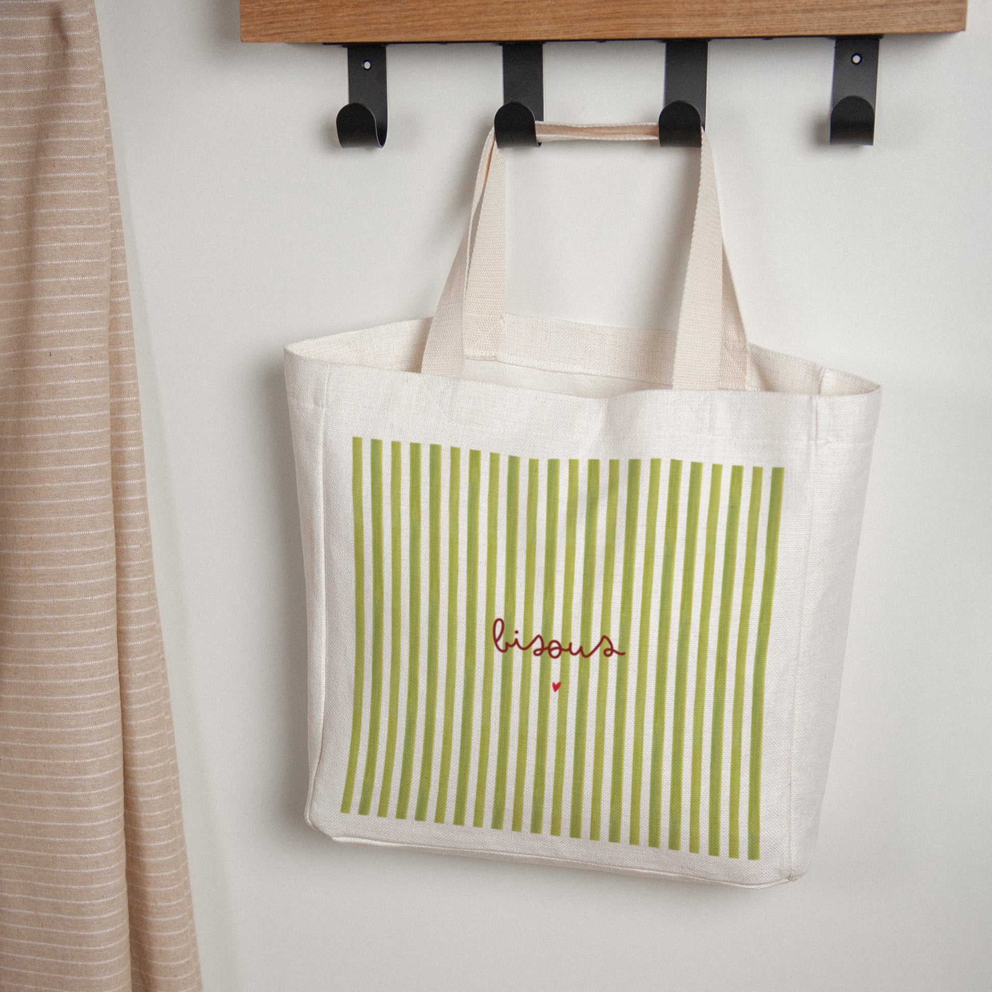 Tote bag Anse en toile Bisous Rayures Verte photo N° 1