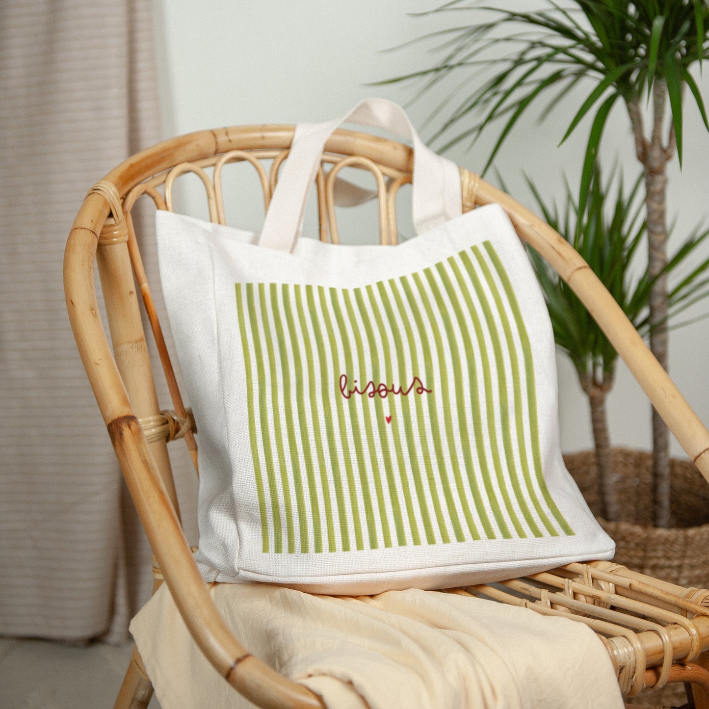 Tote bag Anse en toile Bisous Rayures Verte photo N° 2