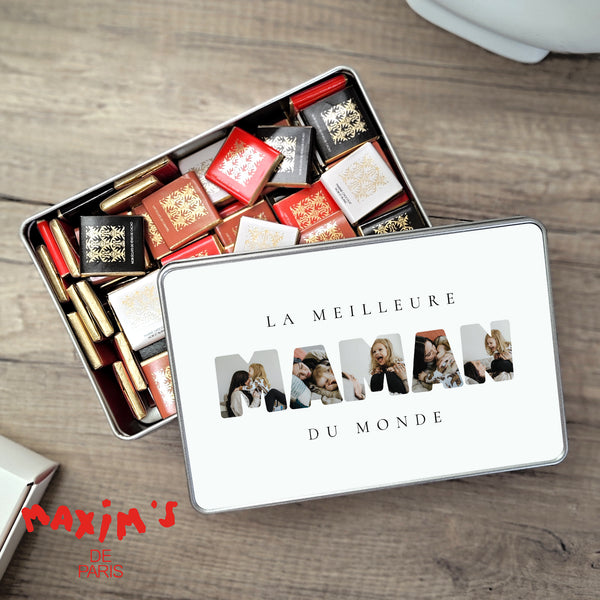 Boite métallique rectangle, garnie de chocolats Maman en Souvenirs photo