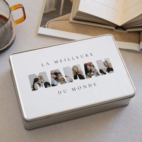Boite métallique rectangle, garnie de chocolats Maman en Souvenirs