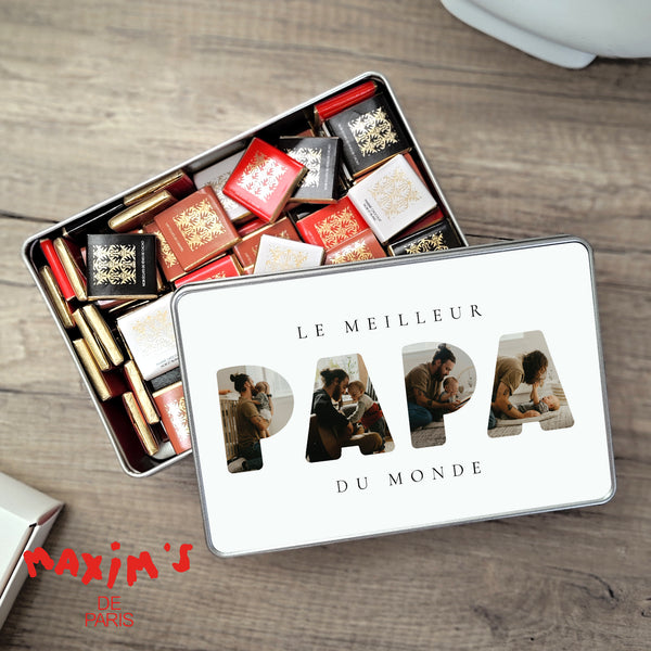 Boite métallique rectangle, garnie de chocolats Papa en Souvenirs photo