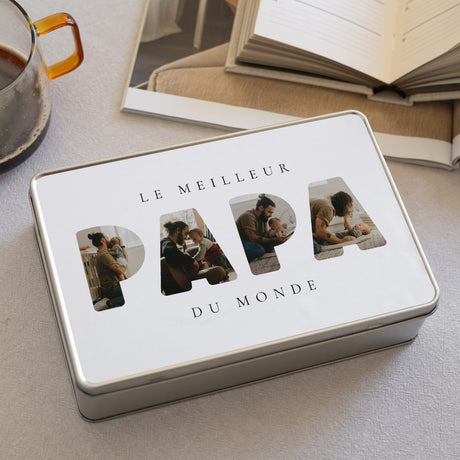 Boite métallique rectangle, garnie de chocolats Papa en Souvenirs