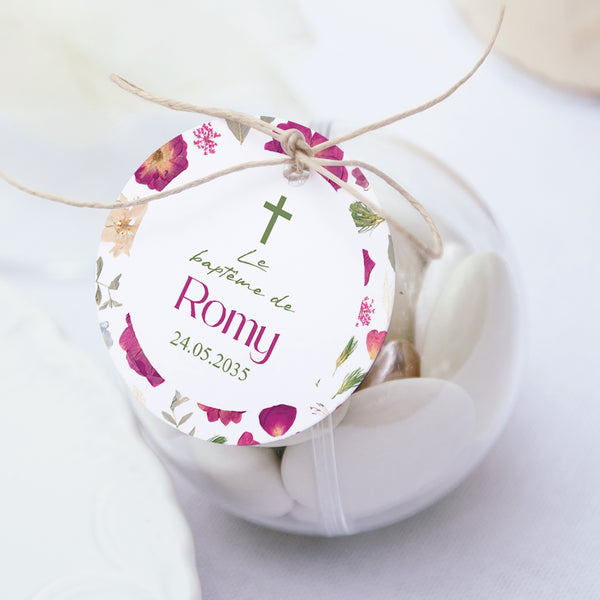 Boîte à dragées Baptême boule avec étiquette ronde Petit Brins de Douceur photo