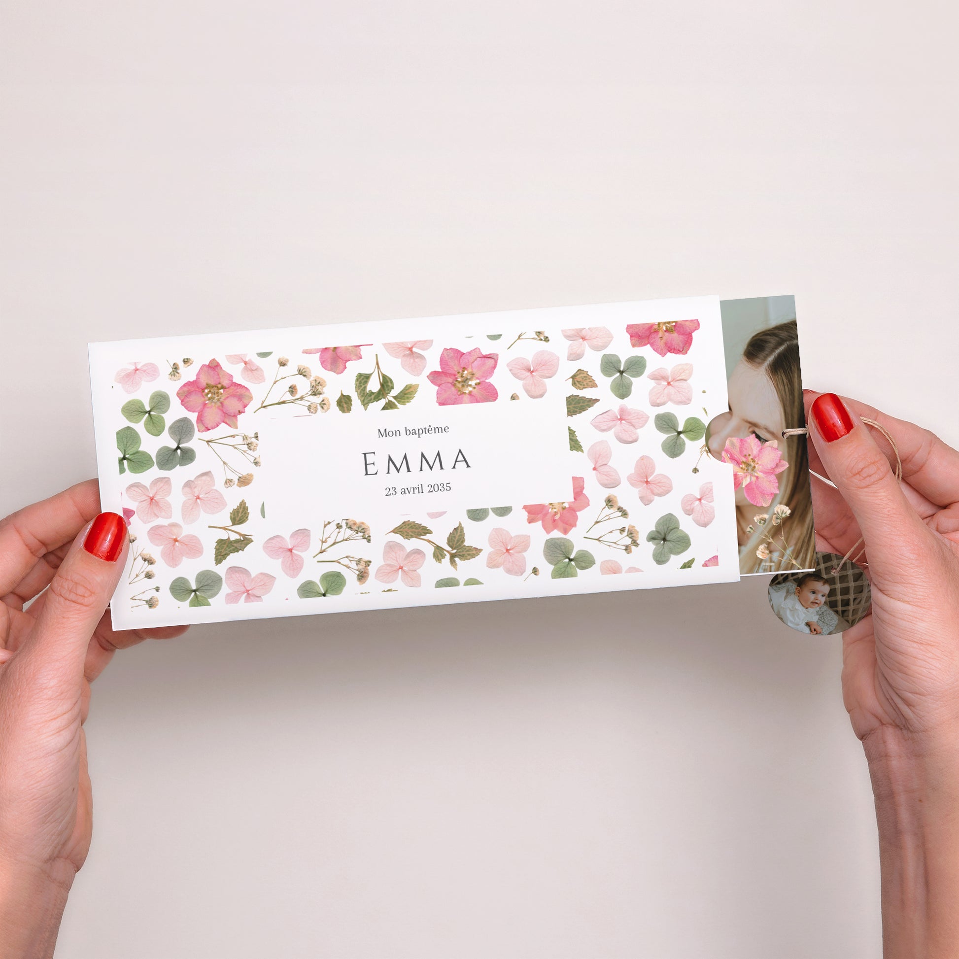 Faire-part Baptême Pochette 2 cartes, étiquette Dimanche au Jardin photo N° 2