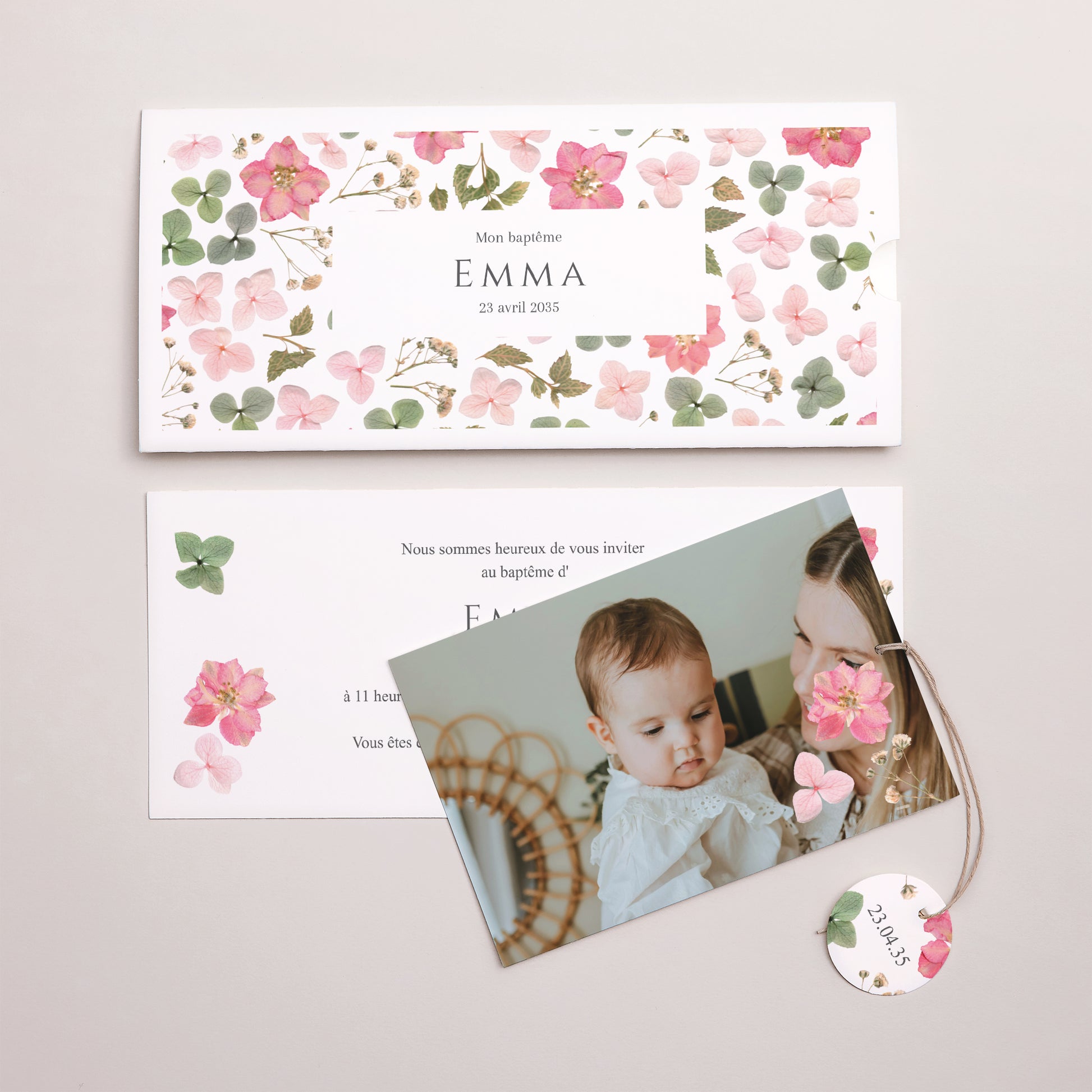 Faire-part Baptême Pochette 2 cartes, étiquette Dimanche au Jardin photo N° 3