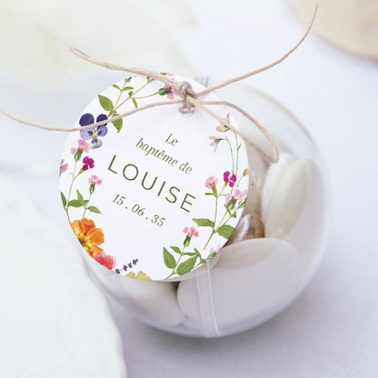 Boîte à dragées Baptême boule avec étiquette ronde La Ronde des Pensées photo N° 1