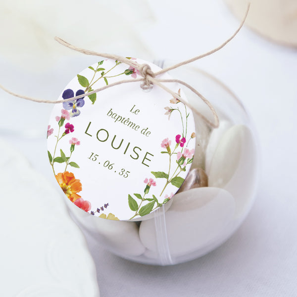 Boîte à dragées Baptême boule avec étiquette ronde La Ronde des Pensées photo
