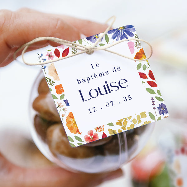 Boîte à dragées Baptême boule avec étiquette carrée Murmure Végétal photo