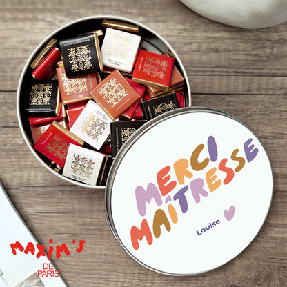 Boite métallique ronde, garnie de chocolats Un grand Merci Maîtresse photo N° 1