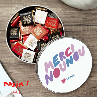 Boite métallique ronde, garnie de chocolats Merci nounou photo N° 1