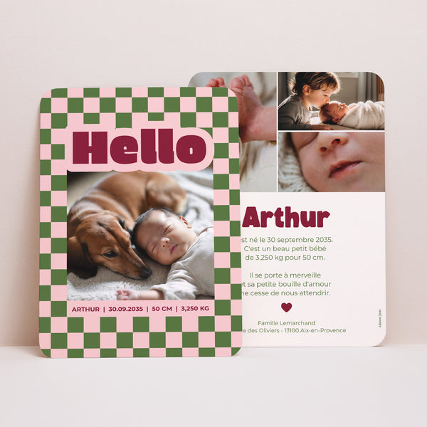 Faire-part Naissance Portrait, bords arrondis Damier d'Amour photo