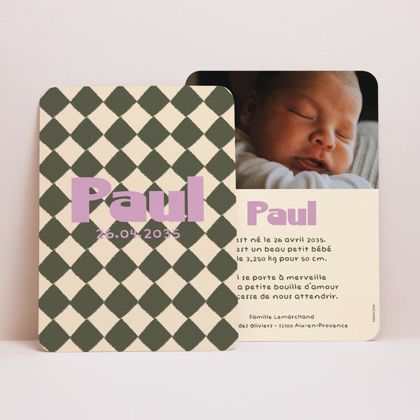 Faire-part Naissance Portrait, bords arrondis Petit Arlequin photo