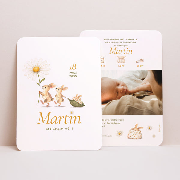 Faire-part Naissance Portrait, bords arrondis Lapins et pâquerette photo
