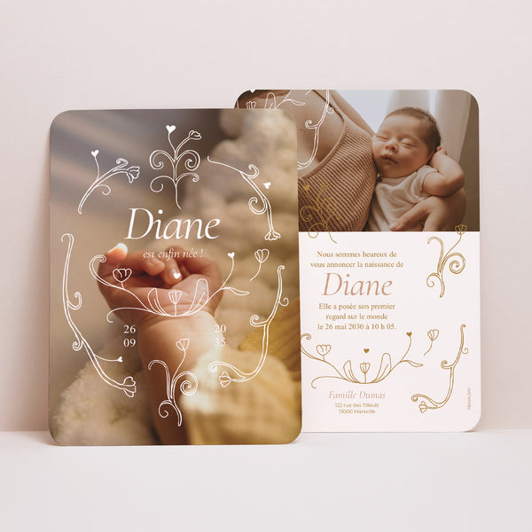 Faire-part Naissance Portrait, bords arrondis Cœur de Fleur photo