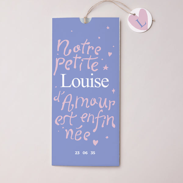 Faire-part Naissance Pochette portrait 2 cartes, étiquette Notre petite amour photo
