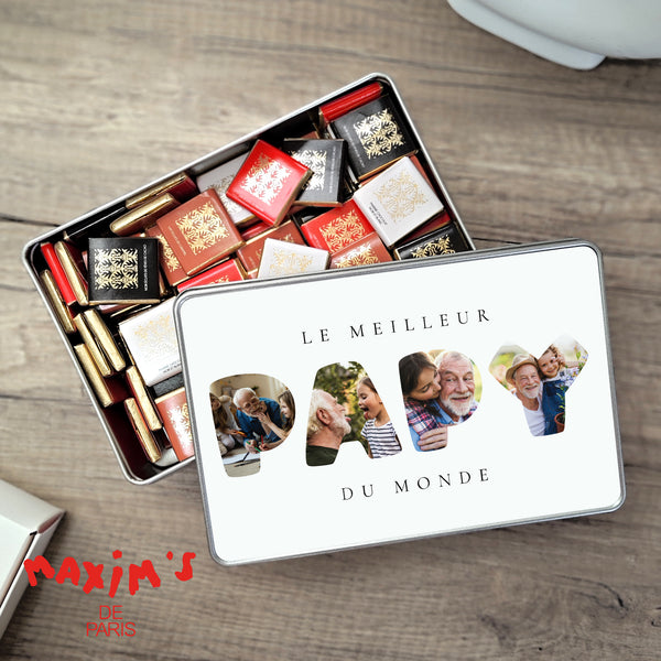 Boite métallique rectangle, garnie de chocolats Papy en souvenirs photo