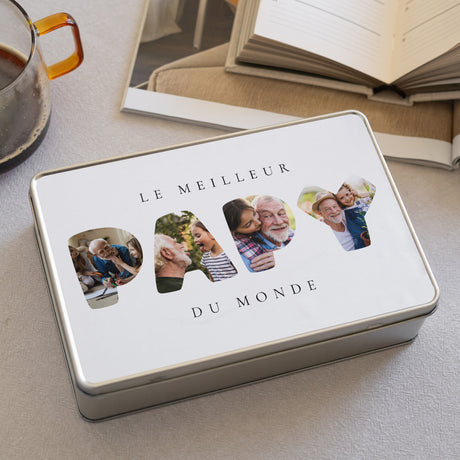 Boite métallique rectangle, garnie de chocolats Papy en souvenirs