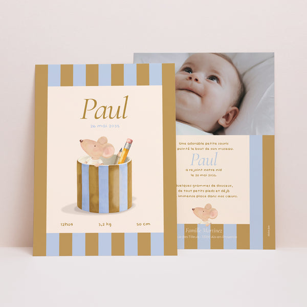 Faire-part Naissance Portrait Souris série crayons photo