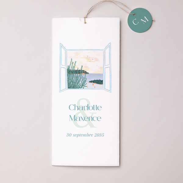 Faire-part Mariage Pochette portrait 2 cartes, étiquette Rêve d’Azur photo