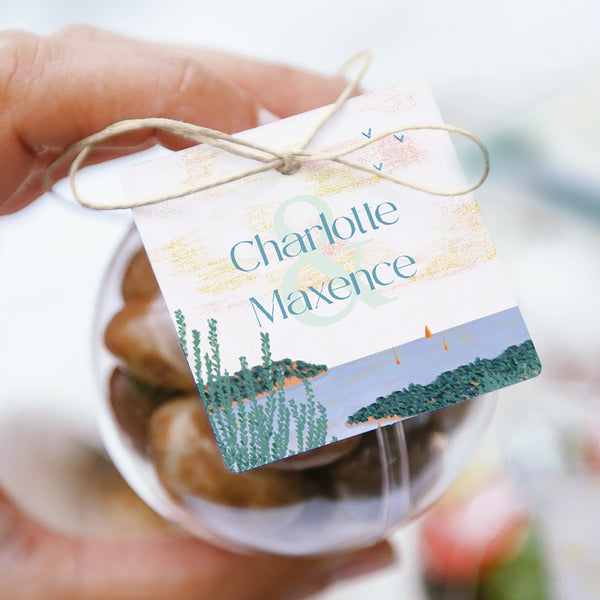 Boîte à dragées Mariage boule avec étiquette carrée Rêve d’Azur photo