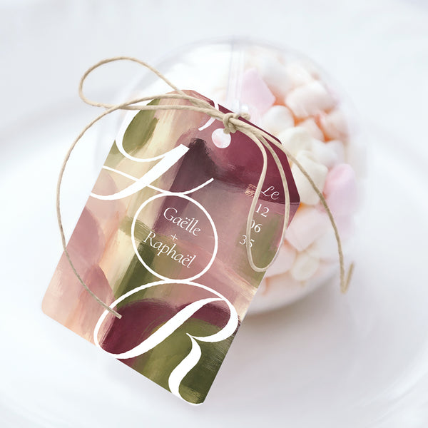 Boîte à dragées Mariage boule avec étiquette fanion Prune et Olive photo