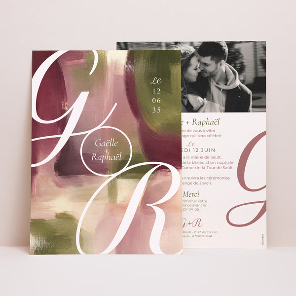 Faire-part Mariage Grand format rectangle Prune et Olive photo