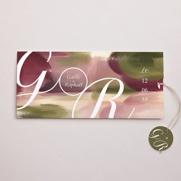 Faire-part Mariage Pochette 2 cartes, étiquette Prune et Olive photo