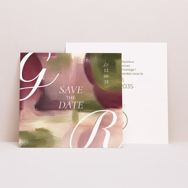Save the date Mariage Carré Prune et Olive photo