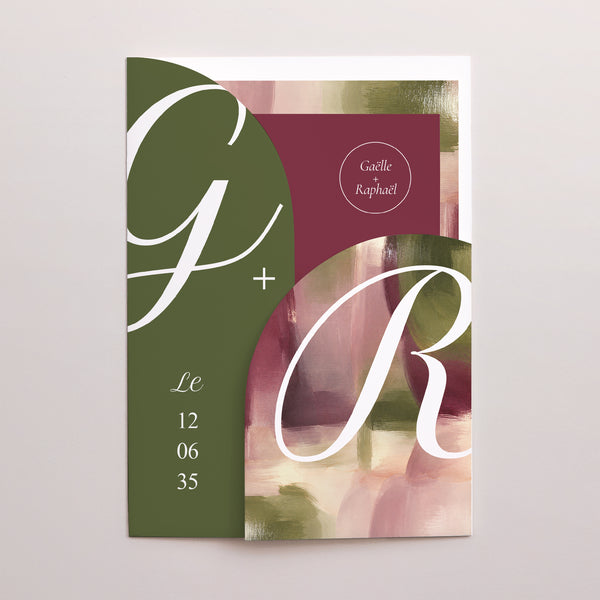 Faire-part Mariage Pochette 2 cartes Prune et Olive photo