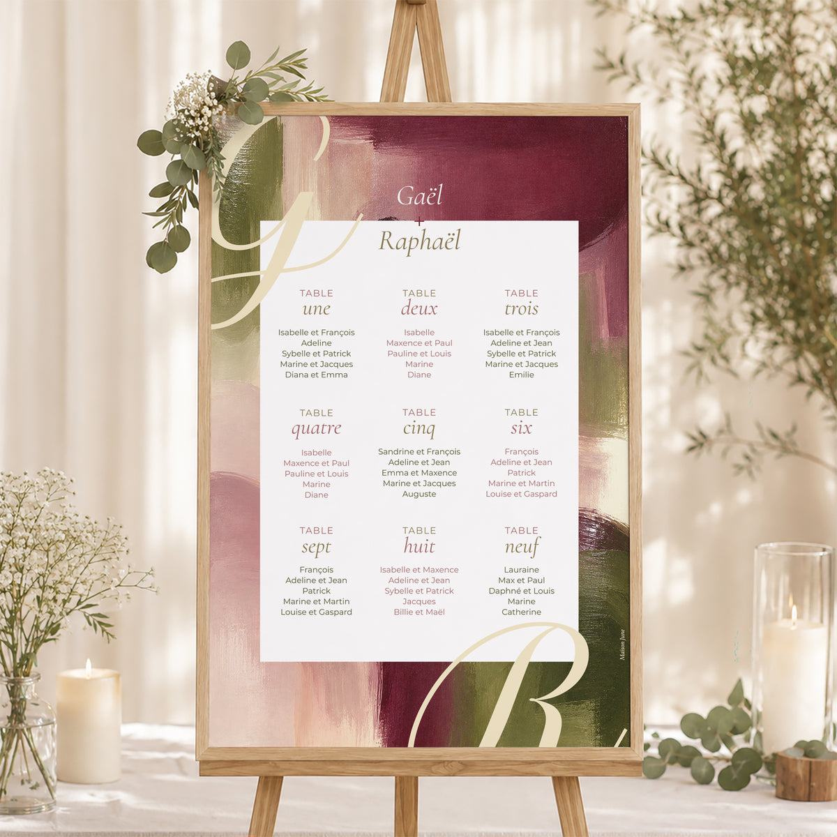 Plan de table Mariage Portrait 60 x 90 cm Prune et Olive photo N° 1