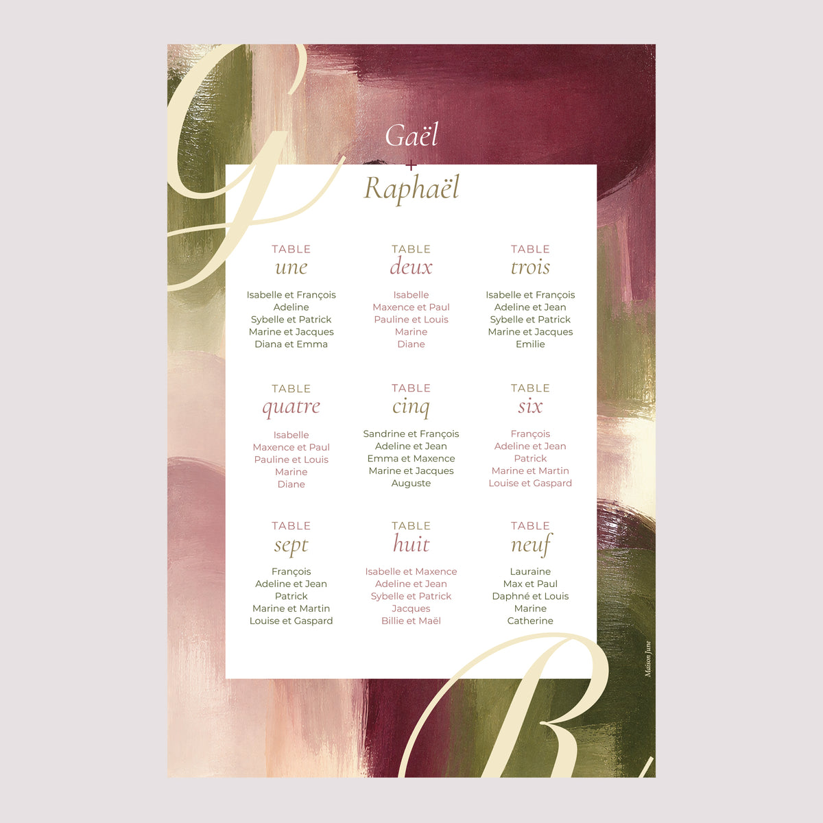 Plan de table Mariage Portrait 60 x 90 cm Prune et Olive photo N° 2