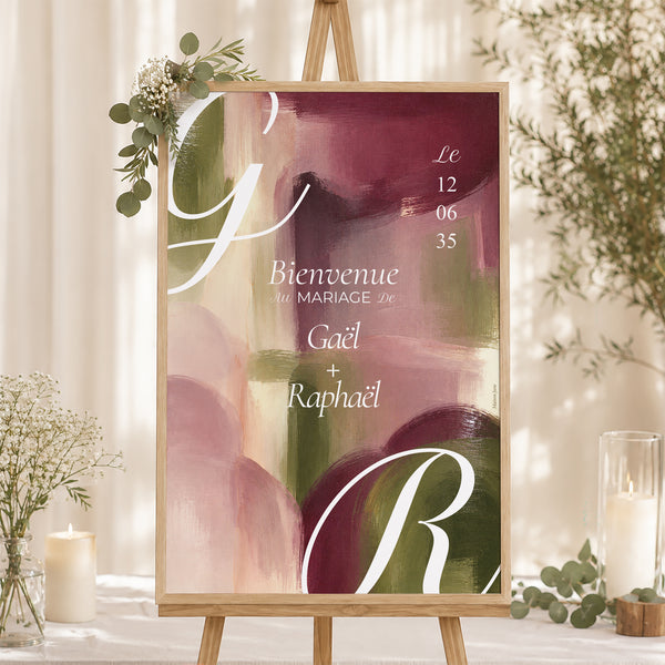 Panneau bienvenue Mariage Portrait 60 x 90 cm Prune et Olive photo