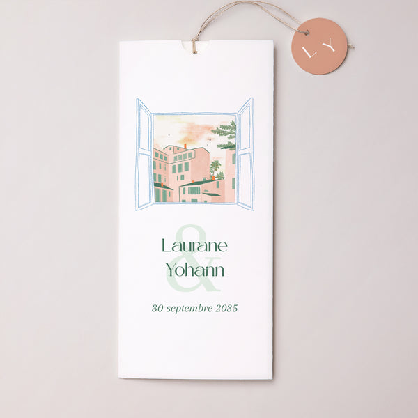 Faire-part Mariage Pochette portrait 2 cartes, étiquette Fenêtre sur le Sud photo