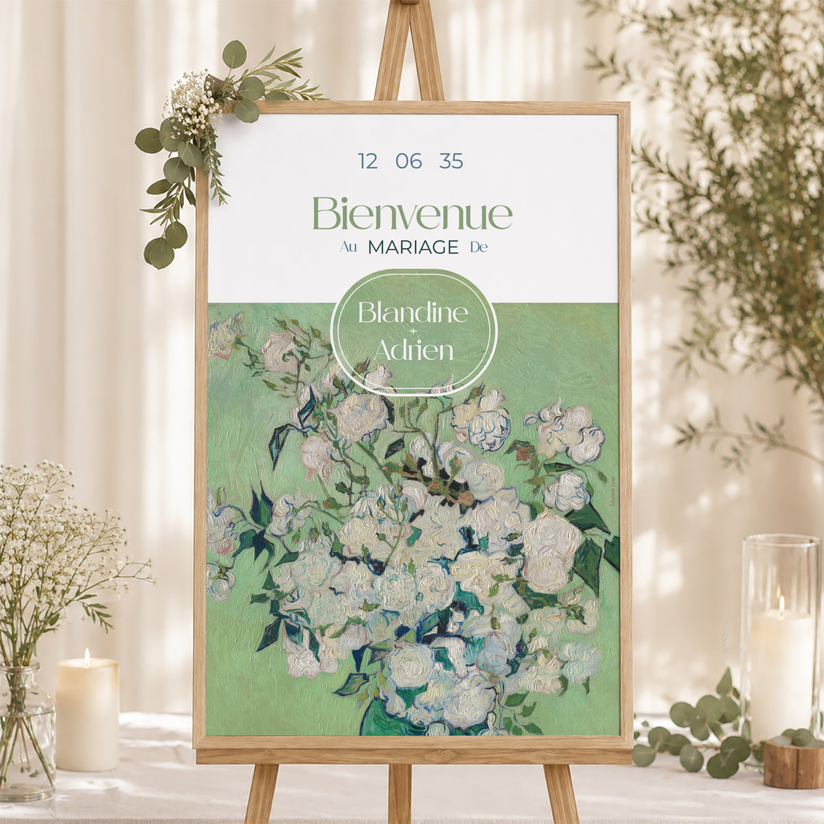 Panneau bienvenue Mariage Portrait 60 x 90 cm Le Bouquet Vert photo N° 1
