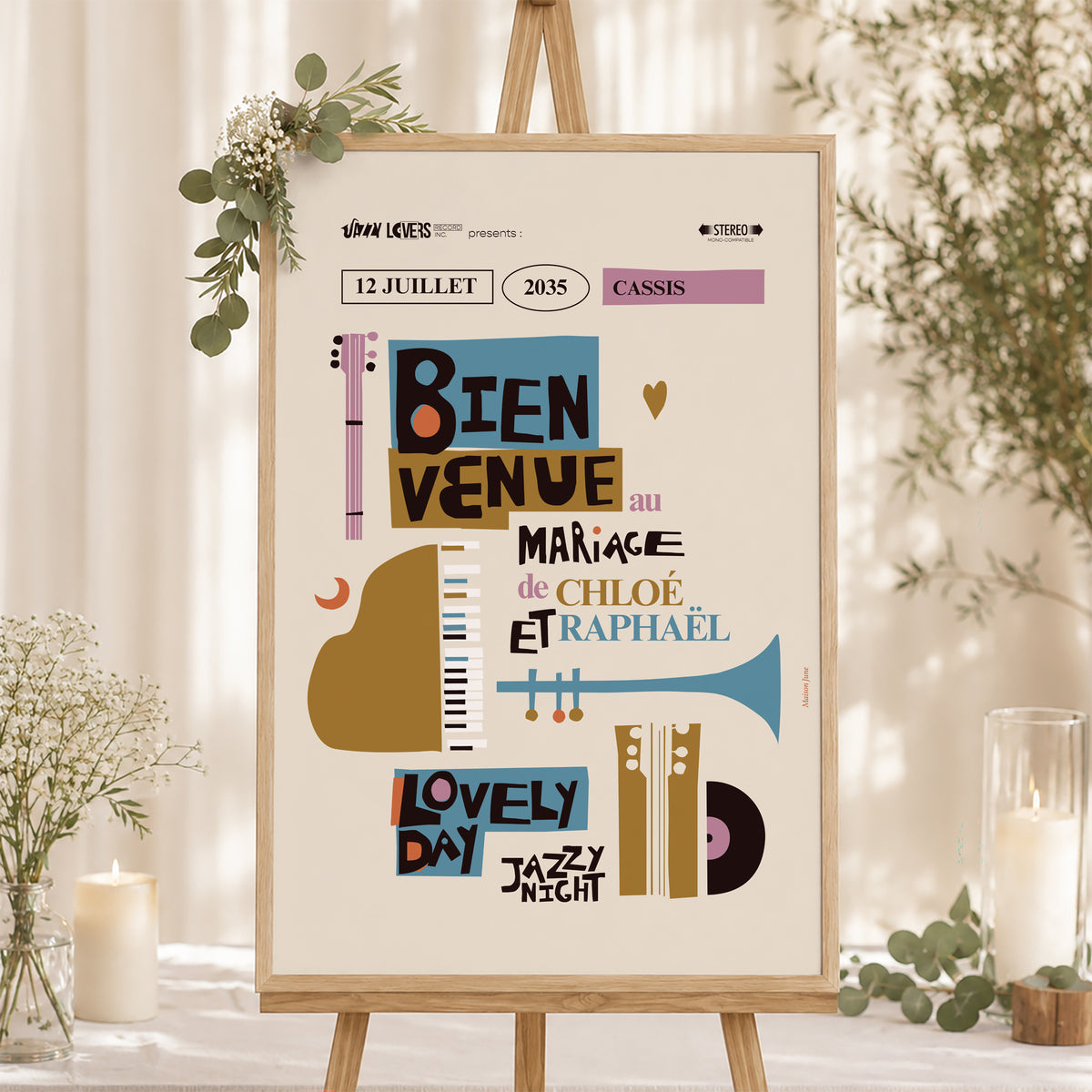 Panneau bienvenue Mariage Portrait 60 x 90 cm Jazzy Lovers photo N° 1