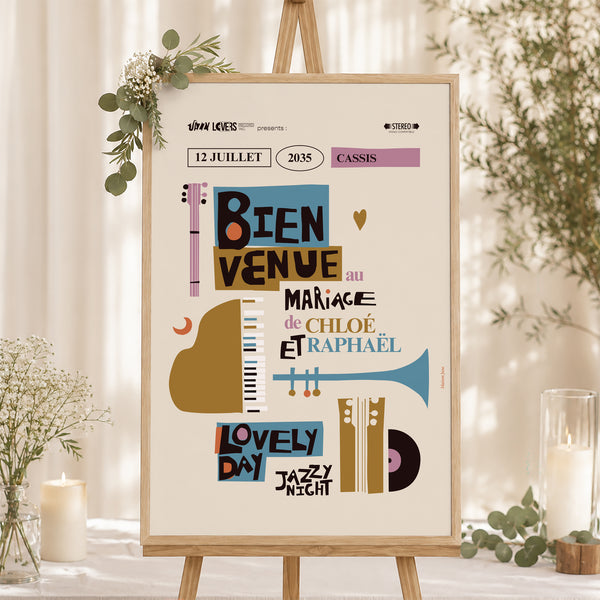 Panneau bienvenue Mariage Portrait 60 x 90 cm Jazzy Lovers photo
