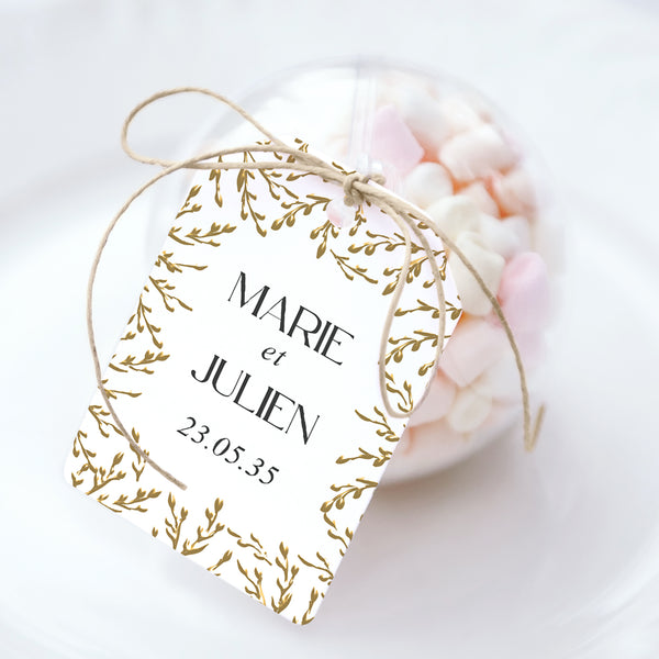 Boîte à dragées Mariage boule avec étiquette fanion Rameaux d’Or photo