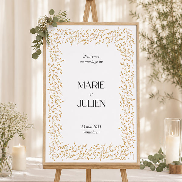 Panneau bienvenue Mariage Portrait 60 x 90 cm Rameaux d’Or photo